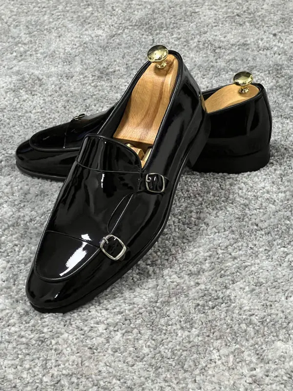 Shiny Patent Leather Black Monk Strap Loafers-Loafers Shoes