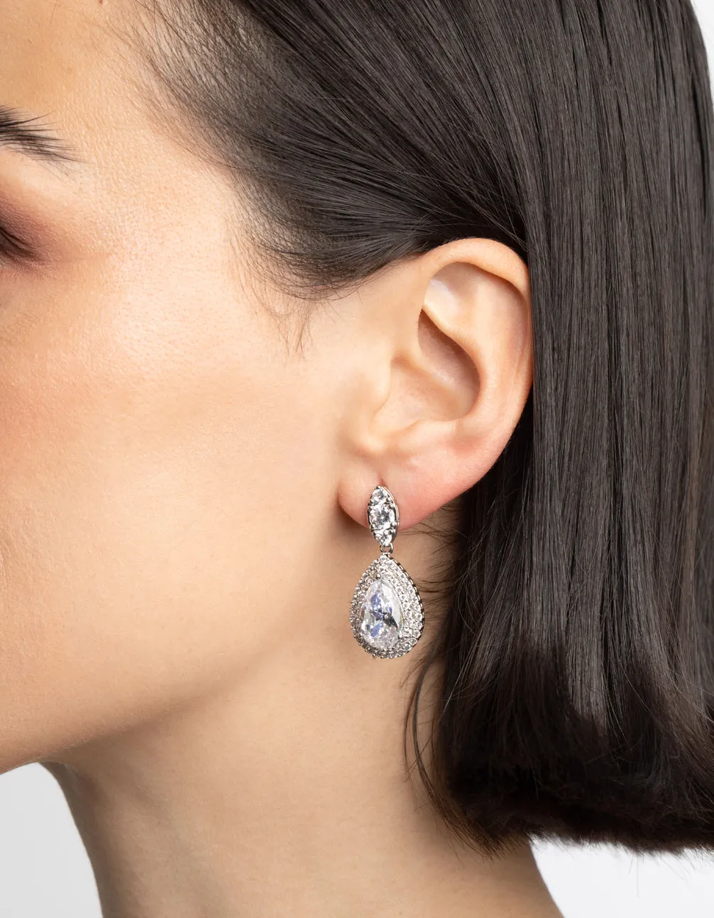 Silver Diamond Simulant Oval Halo Drop Earrings