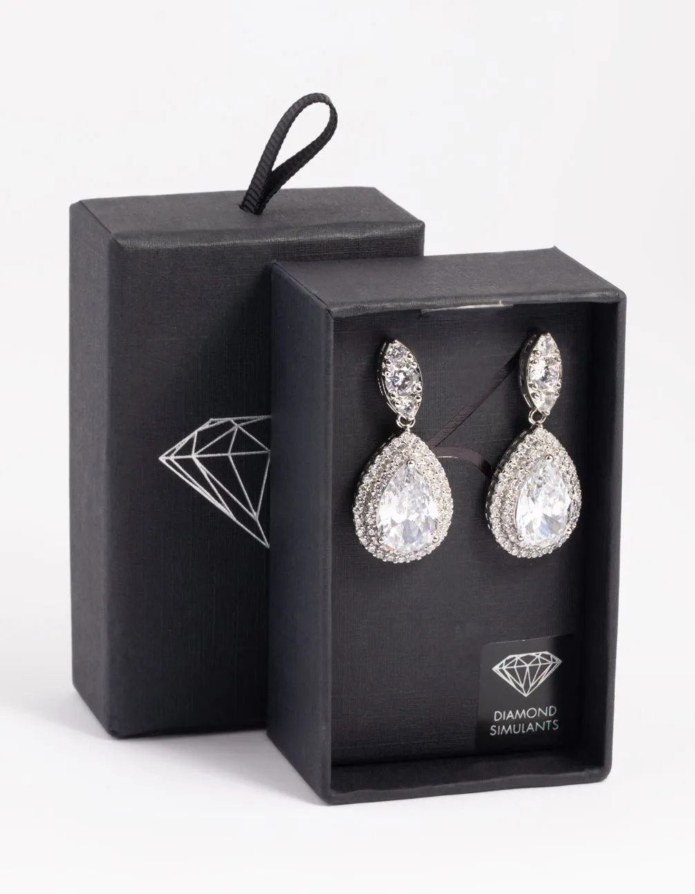 Silver Diamond Simulant Oval Halo Drop Earrings