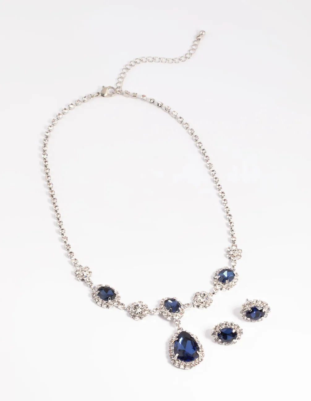 Silver Diamond Simulant Sapphire Flower Necklace & Earrings Set