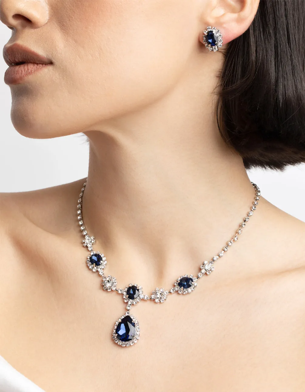 Silver Diamond Simulant Sapphire Flower Necklace & Earrings Set