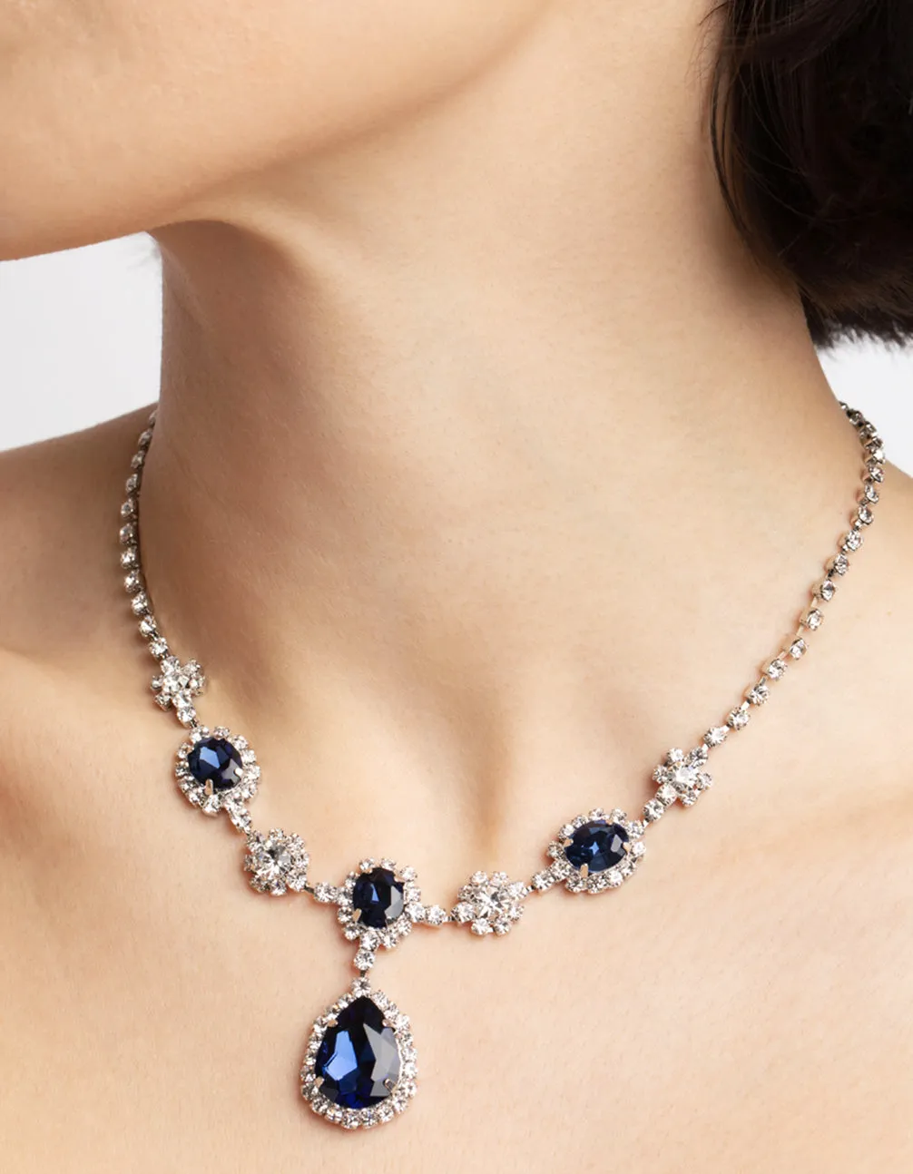Silver Diamond Simulant Sapphire Flower Necklace & Earrings Set