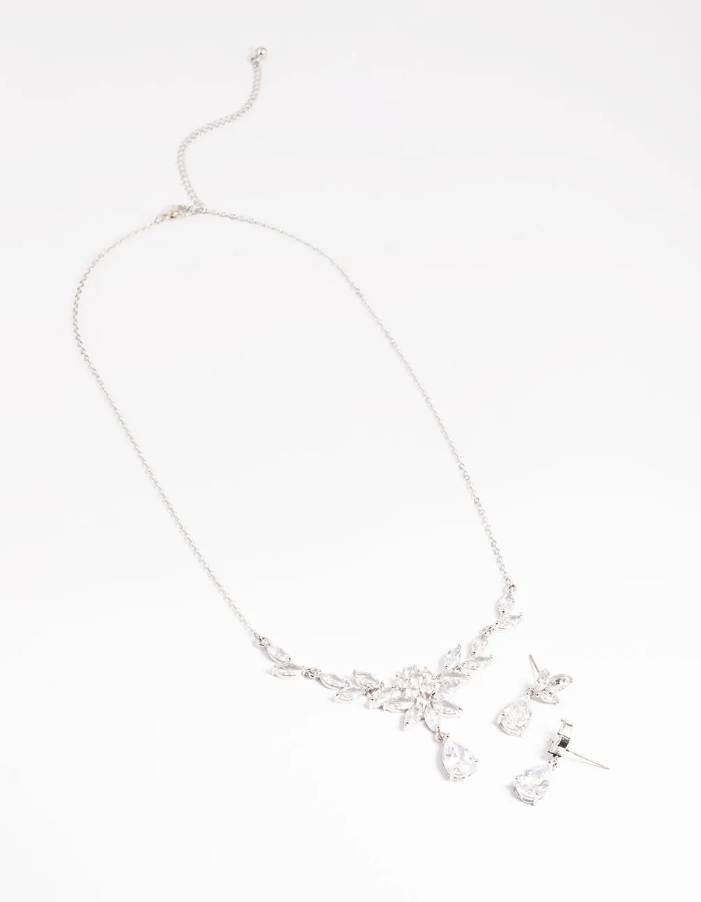 Silver Diamond Simulant Teardrop Necklace & Earrings Set
