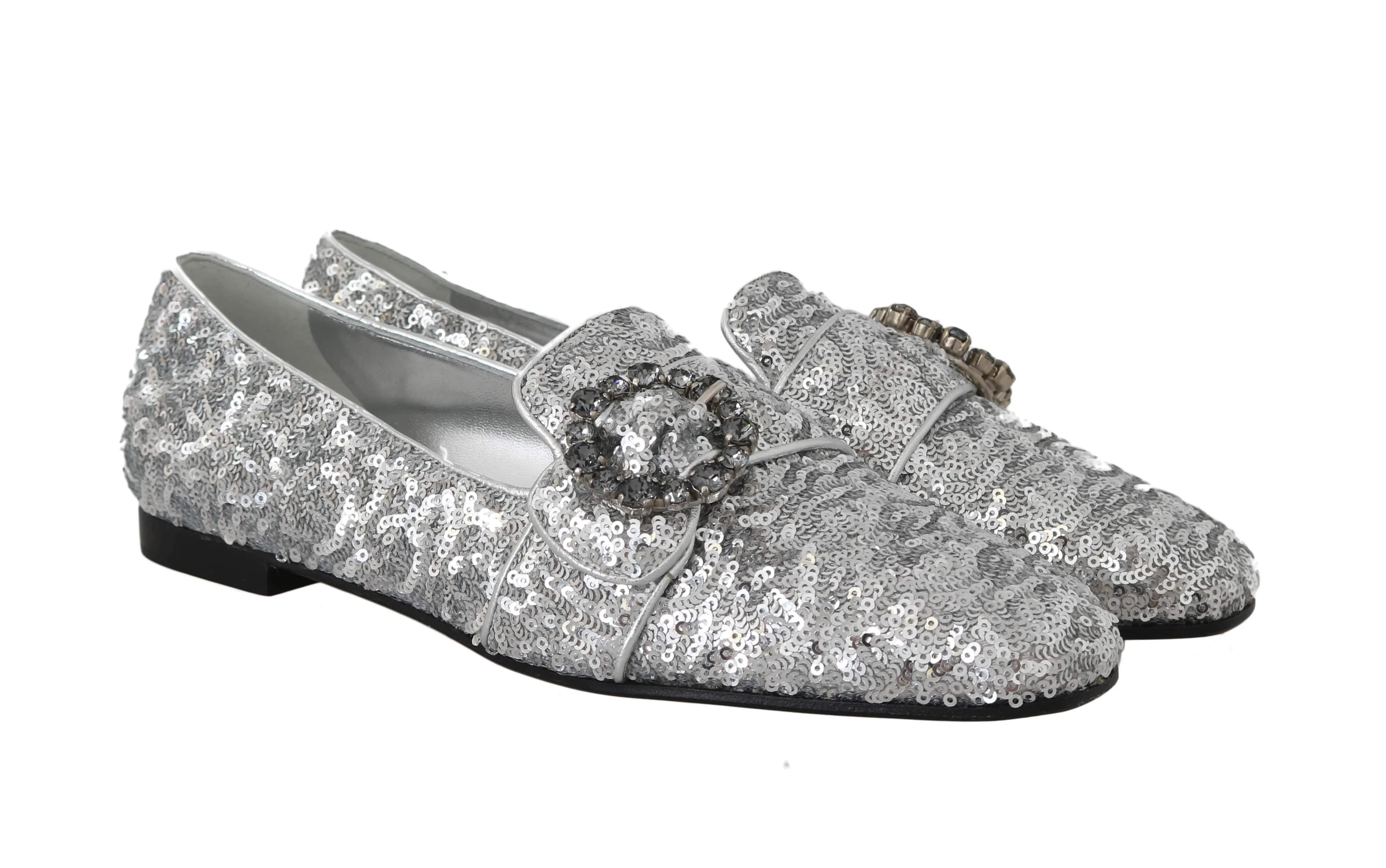 Silver Sequined Leather Crystal Loafer