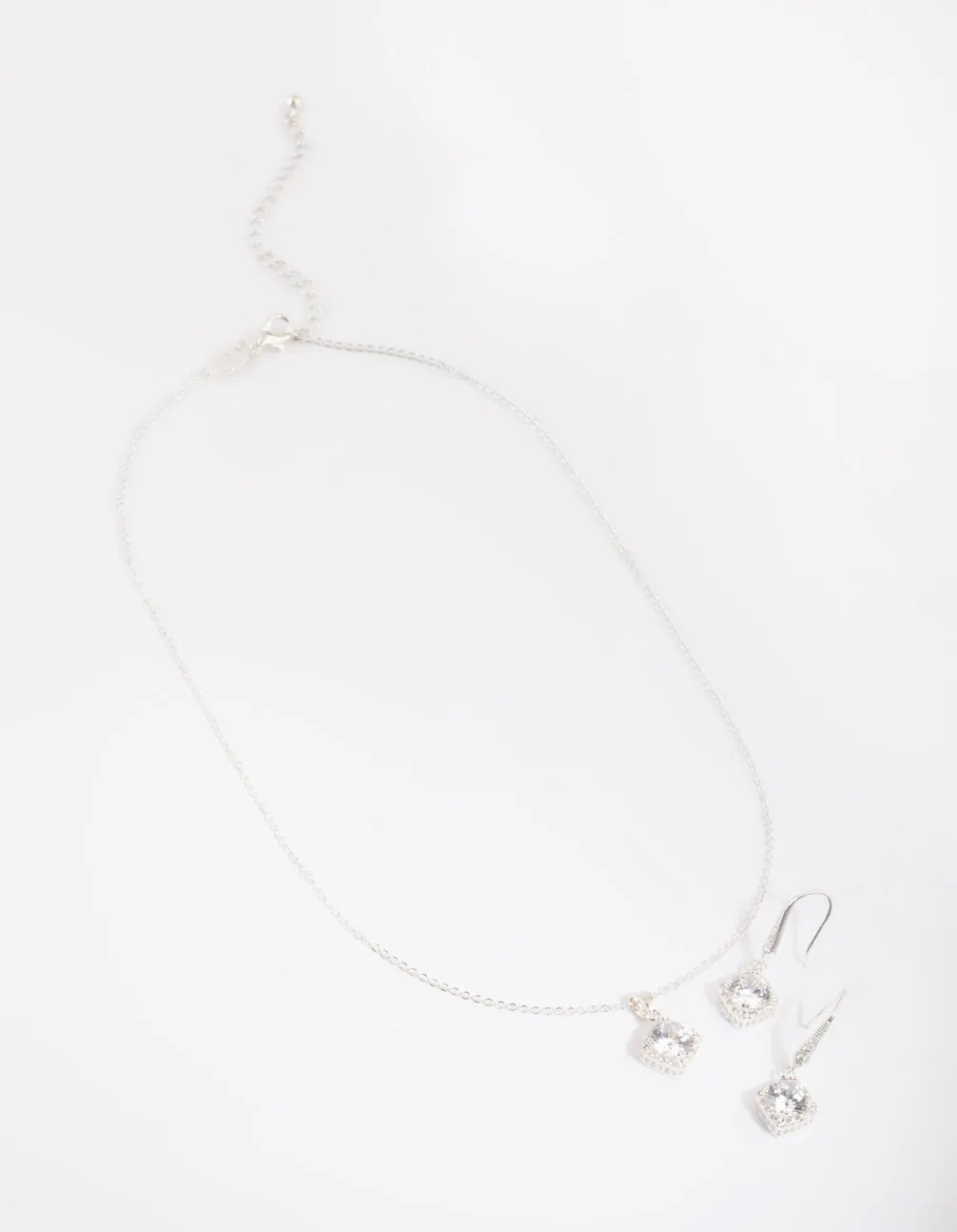 Silver Square Cut Cubic Zirconia Necklace & Earrings Set
