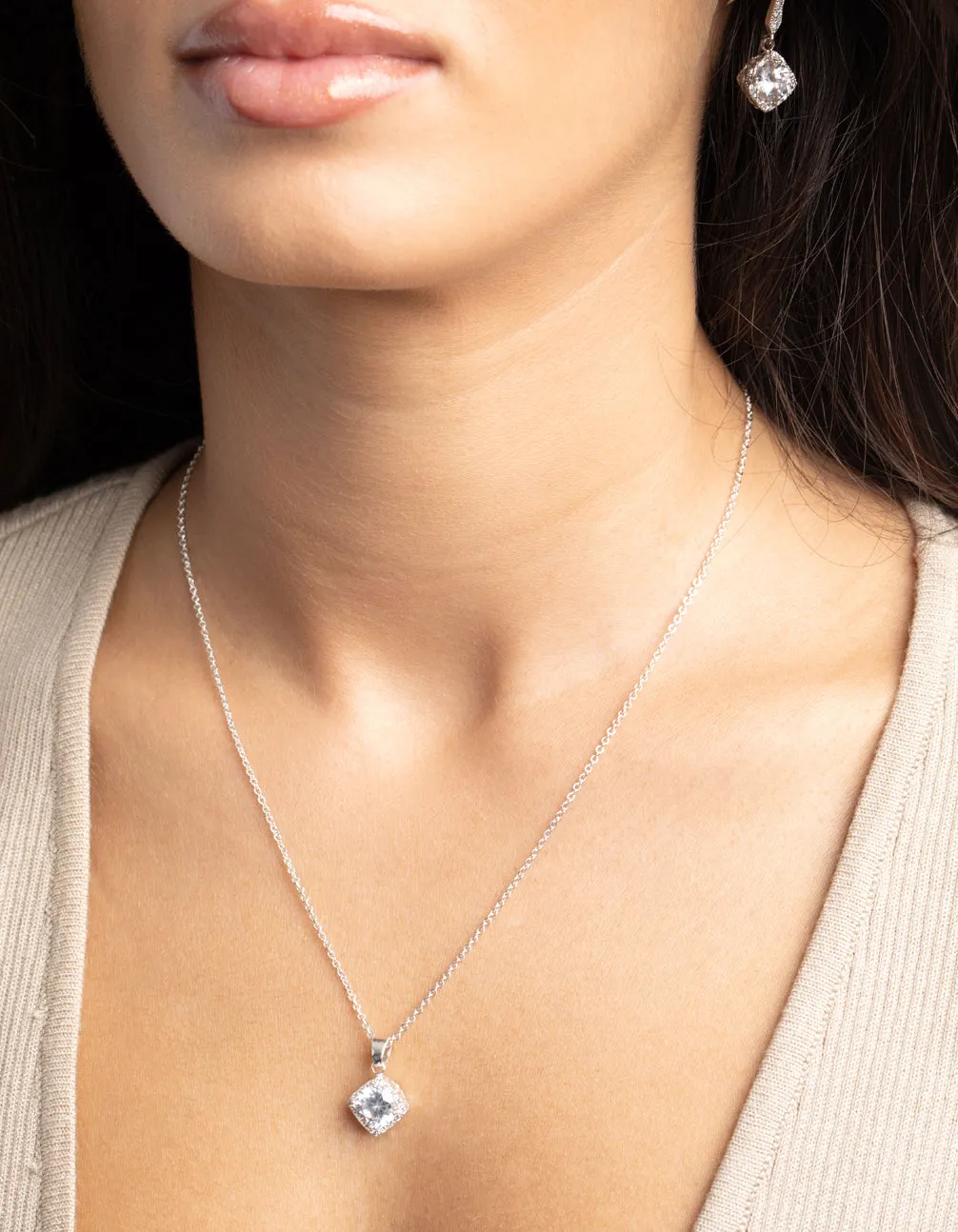 Silver Square Cut Cubic Zirconia Necklace & Earrings Set