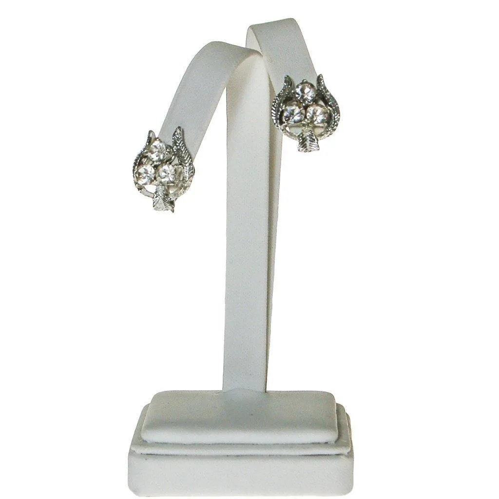 Silver Tone Rhinestone Earrings, Trio, Trinity, Floral, Screw Back, Designer Vintage Jewelry, 1960s