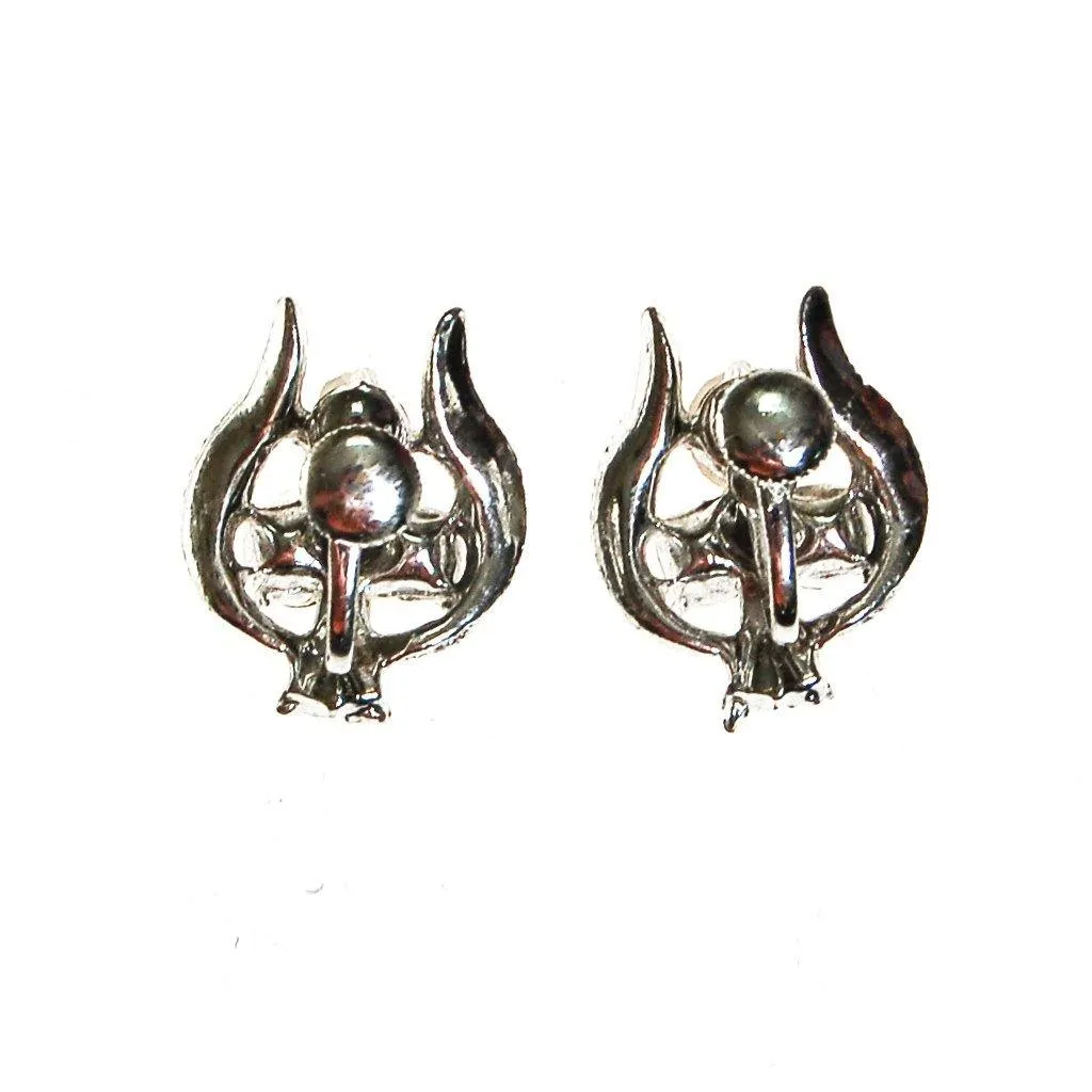 Silver Tone Rhinestone Earrings, Trio, Trinity, Floral, Screw Back, Designer Vintage Jewelry, 1960s