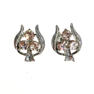 Silver Tone Rhinestone Earrings, Trio, Trinity, Floral, Screw Back, Designer Vintage Jewelry, 1960s