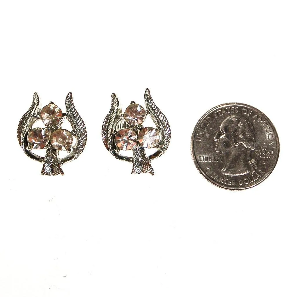 Silver Tone Rhinestone Earrings, Trio, Trinity, Floral, Screw Back, Designer Vintage Jewelry, 1960s
