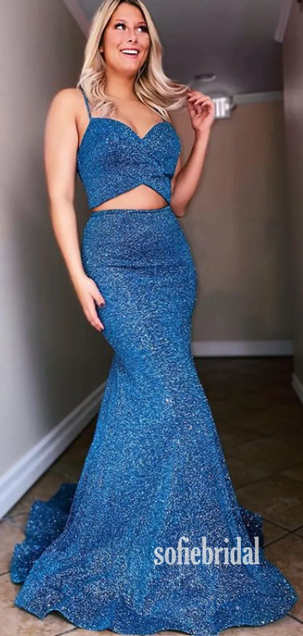 Simple V-neck Mermaid Two-piece Long Prom Dresses,SFPD0101