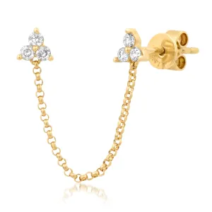 SINGLE EAR DOUBLE TRIO DIAMOND DROP CHAIN STUDS, 14kt GOLD