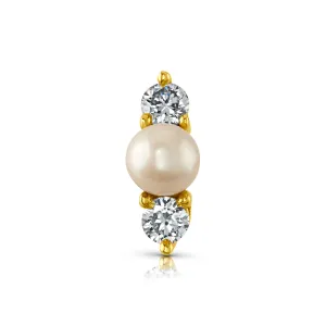 SINGLE PEARL DOUBLE DIAMOND FLAT BACK STUD, 14kt Gold