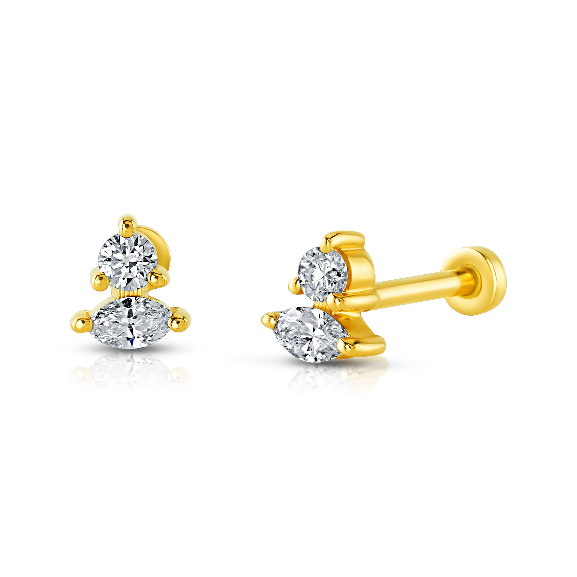 SINGLE ROUND & MARQUISE DIAMOND FLAT BACK STUD, 14kt Gold