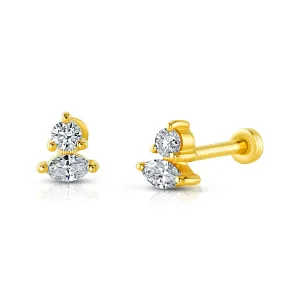 SINGLE ROUND & MARQUISE DIAMOND FLAT BACK STUD, 14kt Gold
