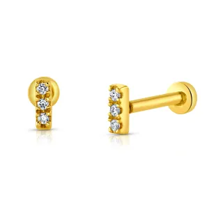 SINGLE TINY BAR FLAT BACK STUD, 14kt Gold
