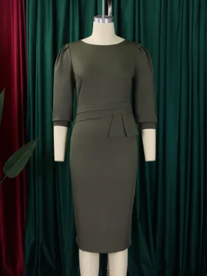 Solid Color Round Neck Half Sleeve Vintage Elegant Midi Dress