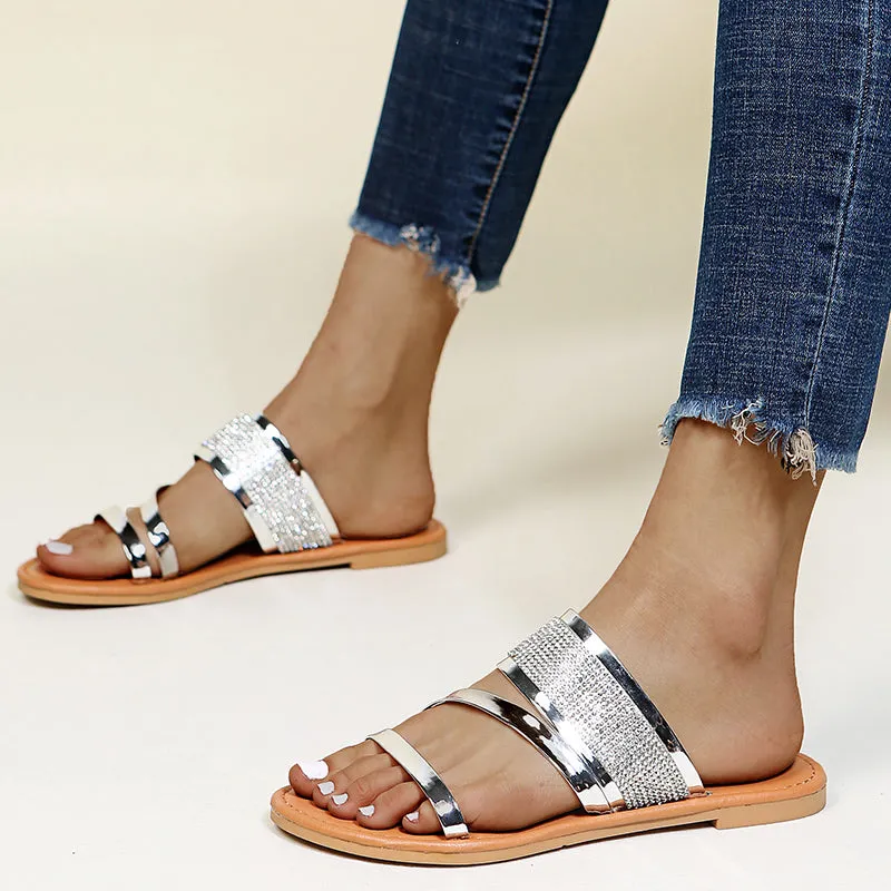 Solid Rhinestone Decoration Flat Sandals