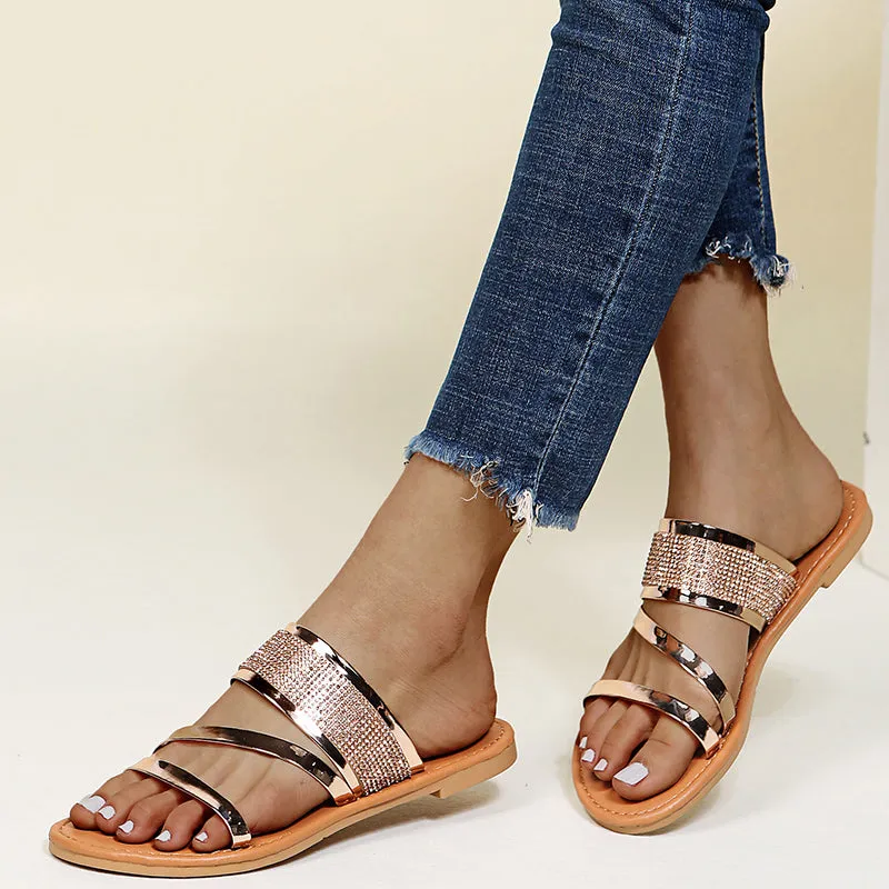 Solid Rhinestone Decoration Flat Sandals