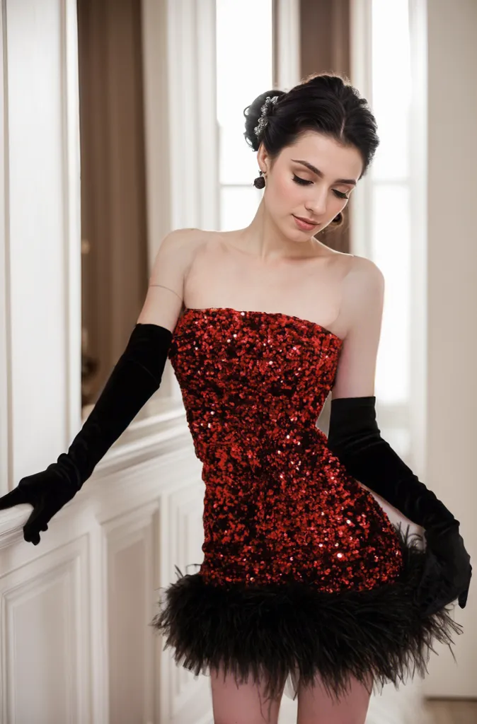 Sparkling Sequin Strapless Mini Dress with Feather Hemline