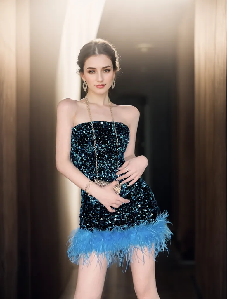 Sparkling Sequin Strapless Mini Dress with Feather Hemline
