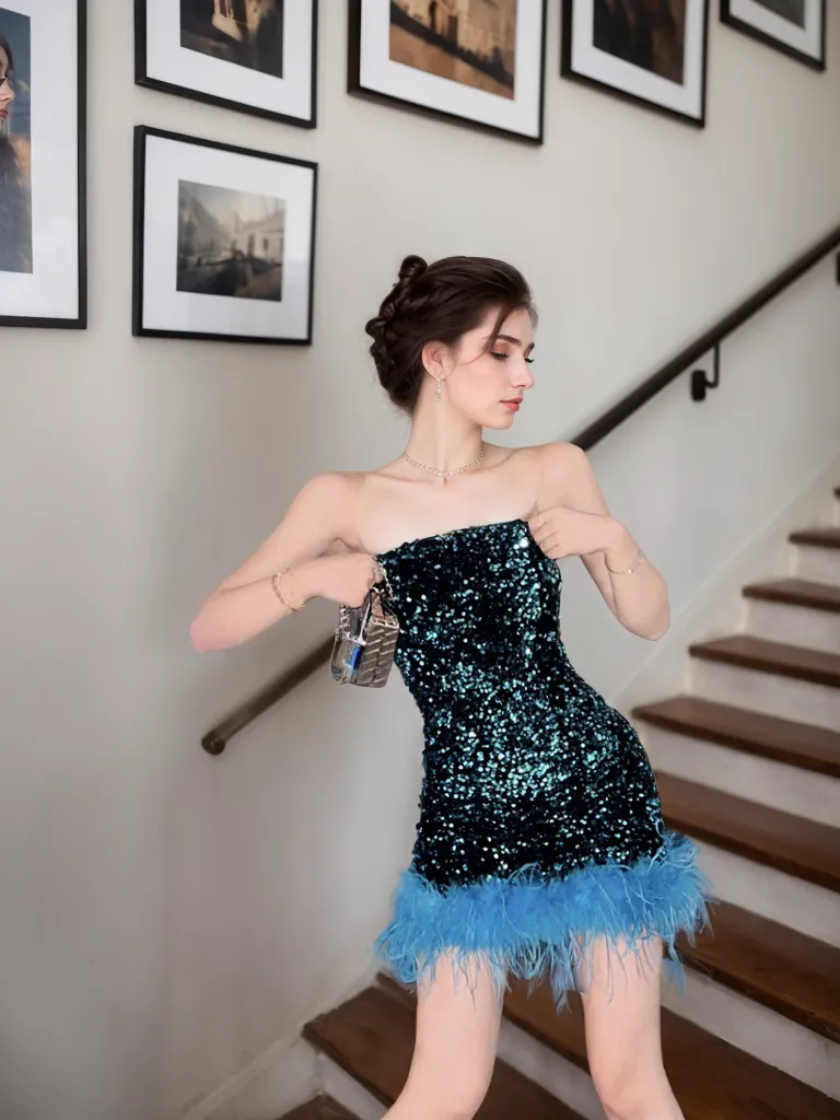 Sparkling Sequin Strapless Mini Dress with Feather Hemline