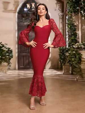 Square Collar Long Sleeve Fishtail Maxi Bandage Dress HB100140