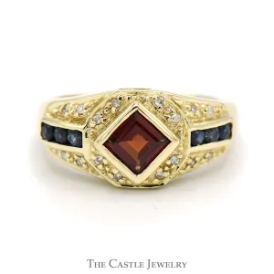 Square Garnet and Round Sapphire Ring with Diamond Accents in 14k Yellow Gold