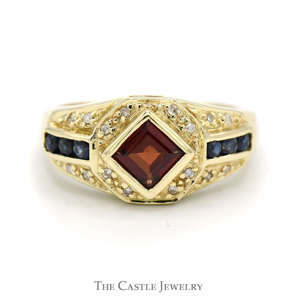 Square Garnet and Round Sapphire Ring with Diamond Accents in 14k Yellow Gold
