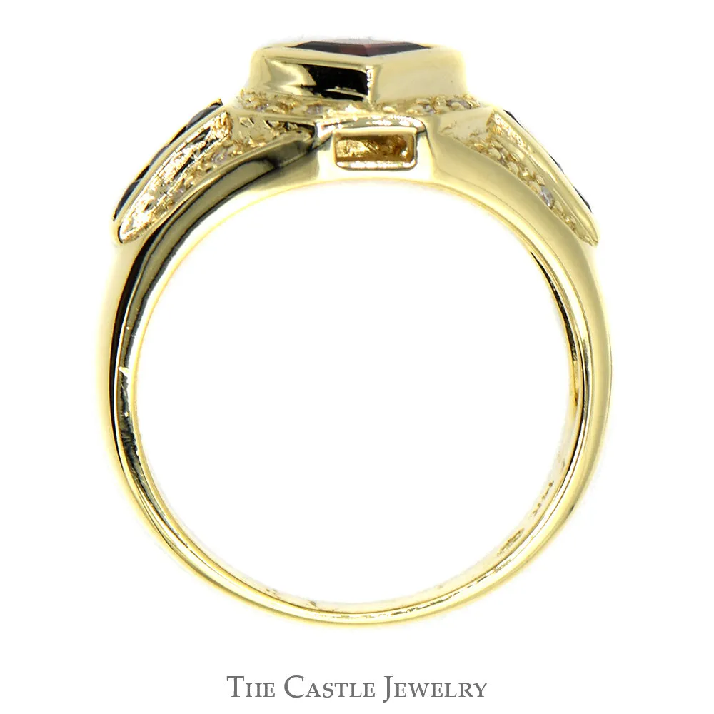Square Garnet and Round Sapphire Ring with Diamond Accents in 14k Yellow Gold