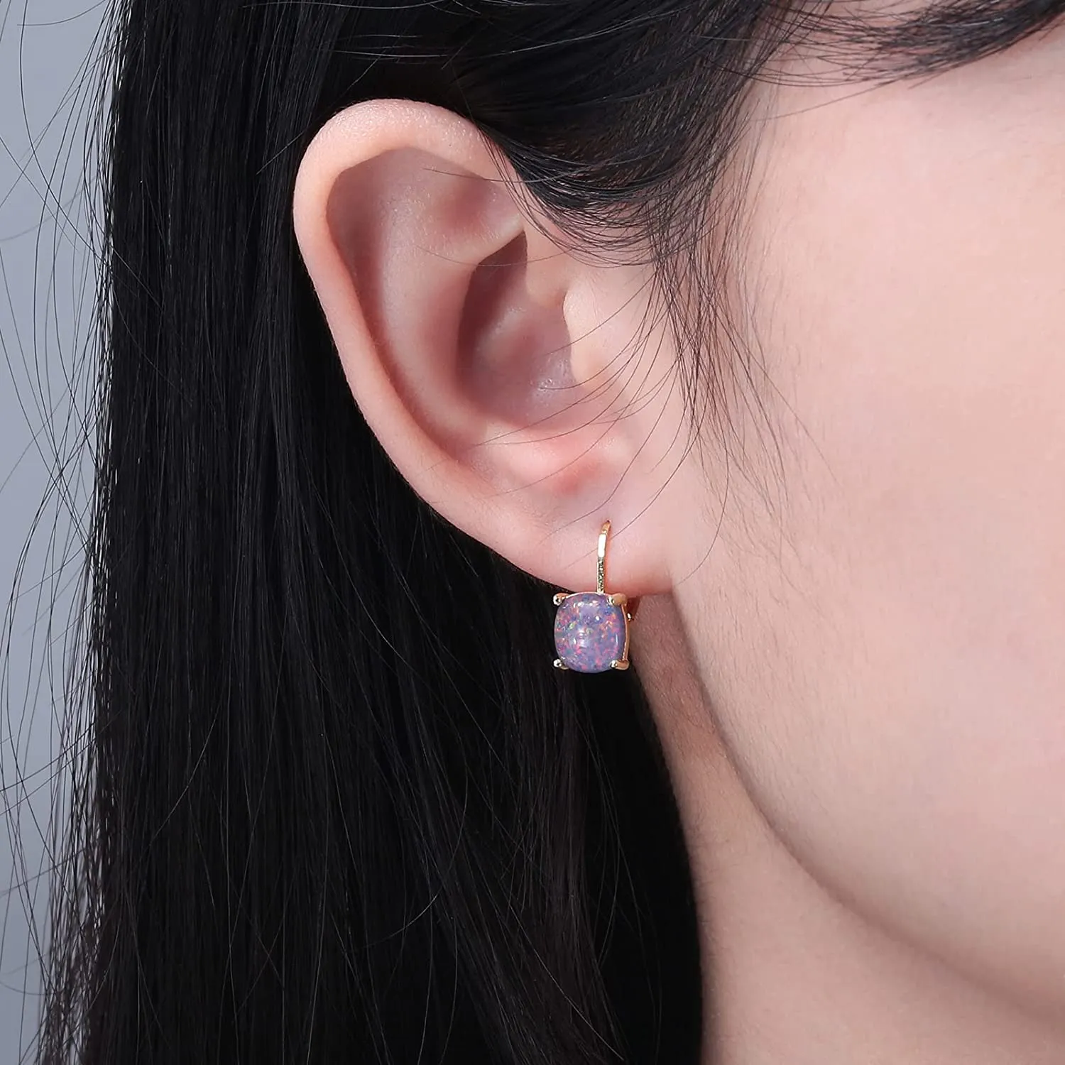 Square Opal Hoops Hanging Lever Earrings