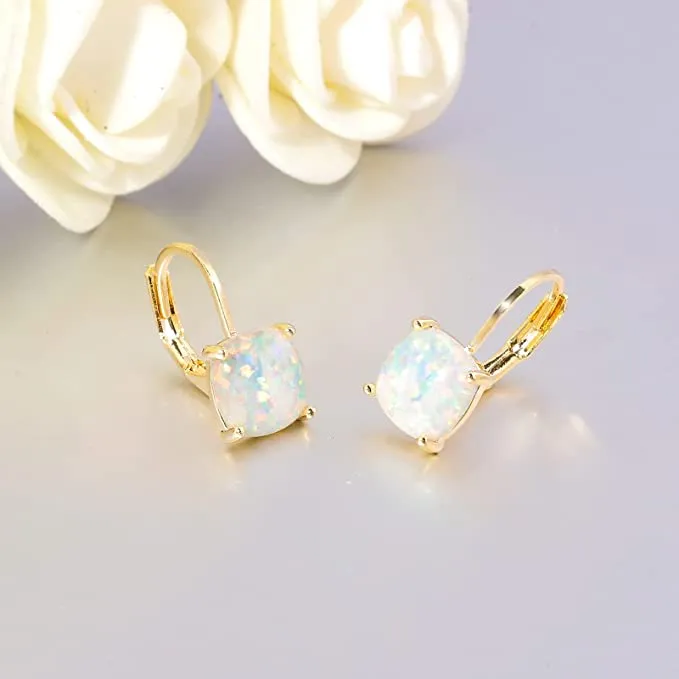 Square Opal Hoops Hanging Lever Earrings