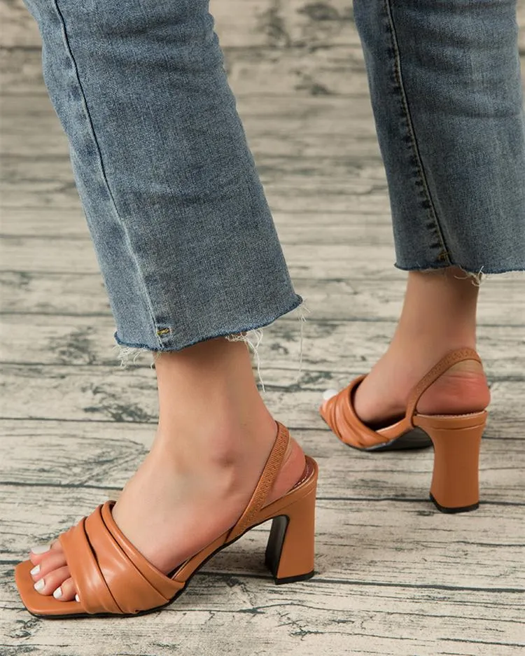 Square Toe Strap Back Sandals - Brwon