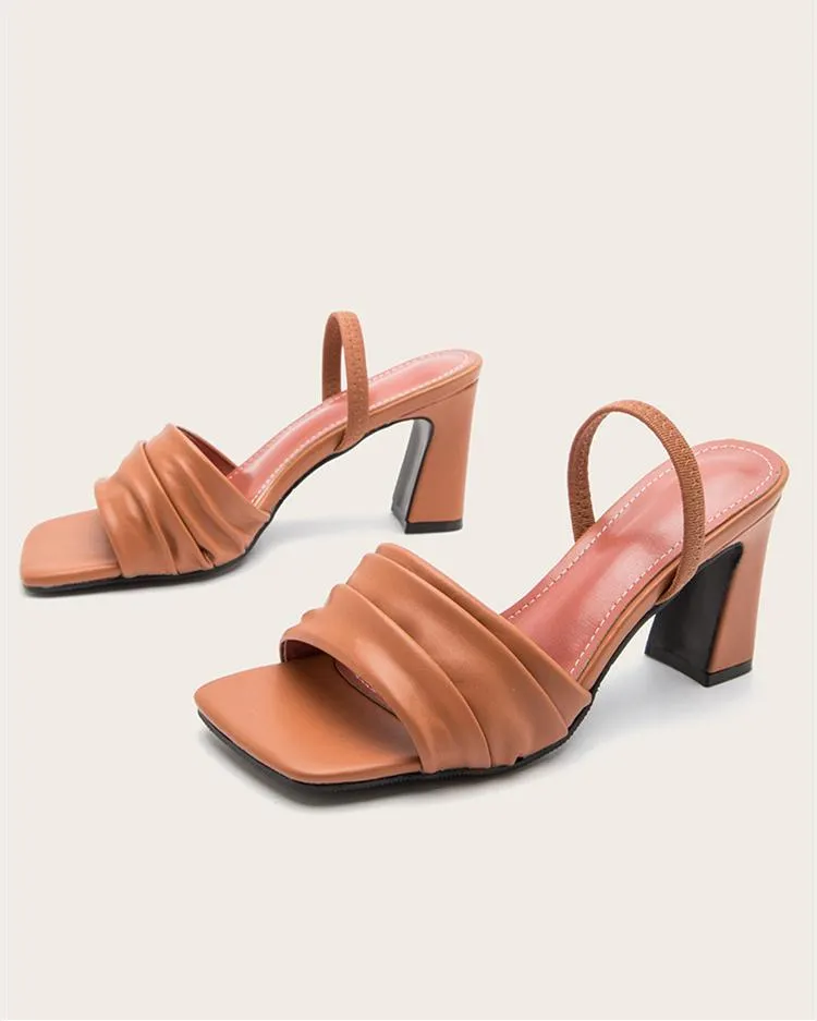 Square Toe Strap Back Sandals - Brwon