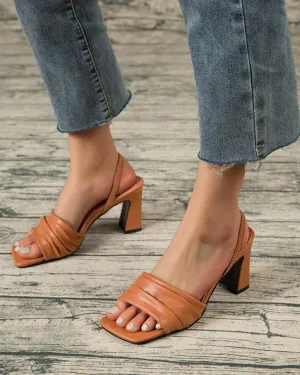Square Toe Strap Back Sandals - Brwon
