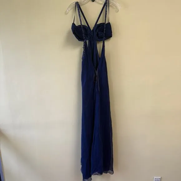 Sterling By Stone Ferris Vintage Navy Blue Open Back Beaded Gown Ruched Bust Sz6