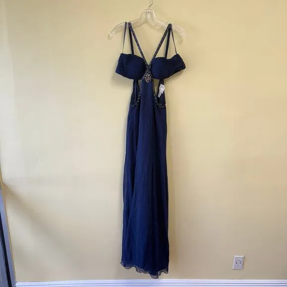Sterling By Stone Ferris Vintage Navy Blue Open Back Beaded Gown Ruched Bust Sz6