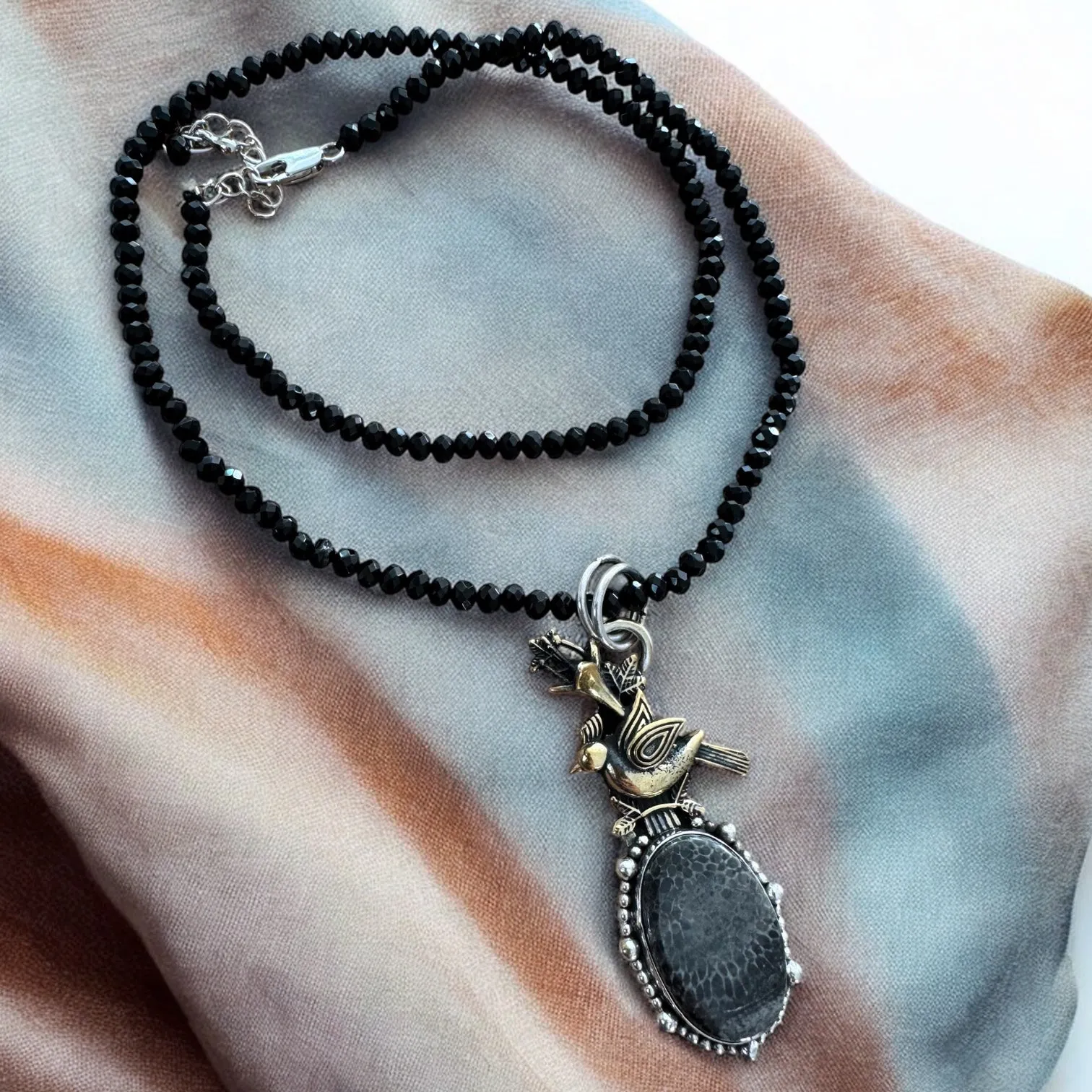 Stingray Coral & Onyx Solid 925 Sterling Silver Pendant Necklace