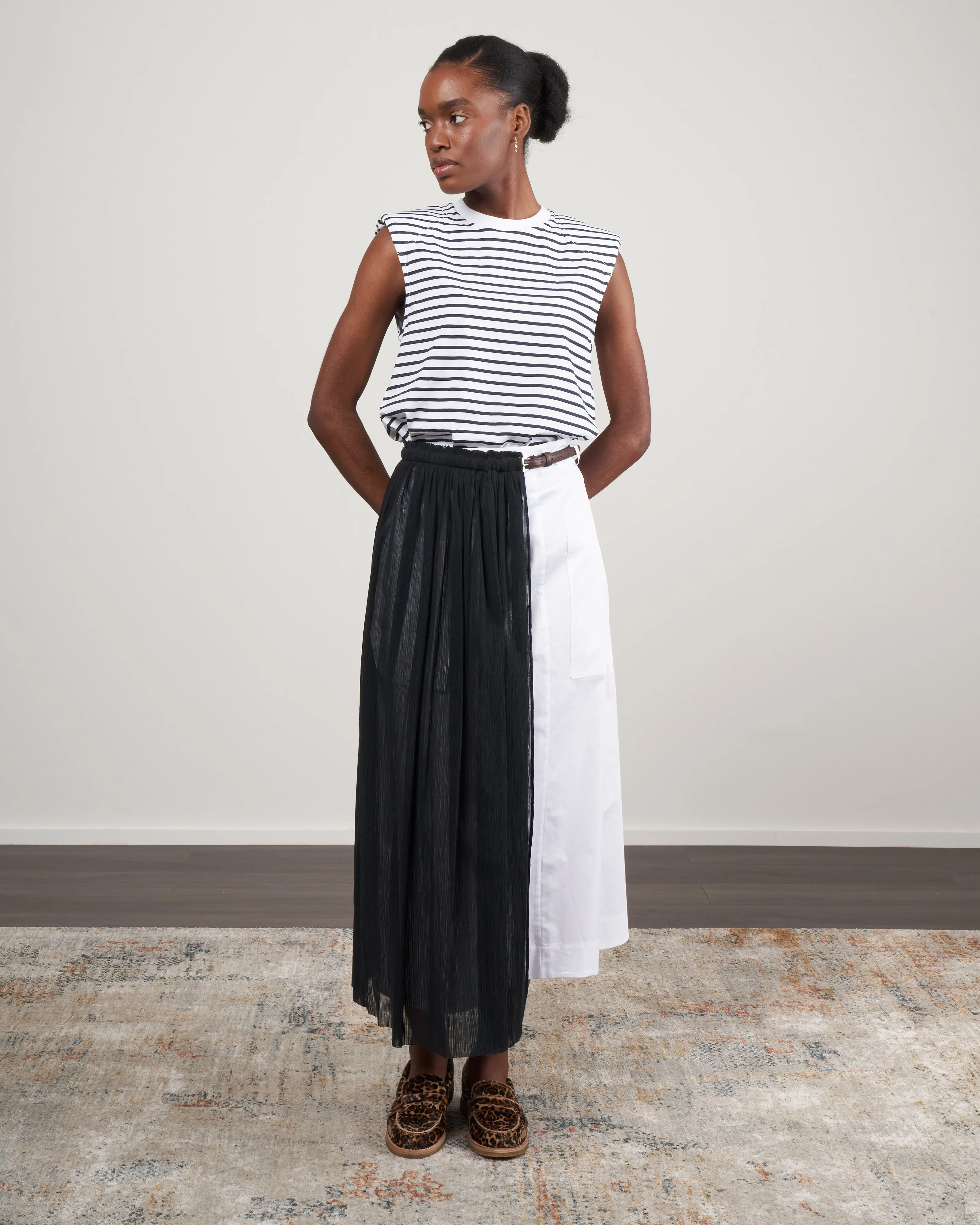 striped tshirt padded shoulder sleeveless top - navy/white multi