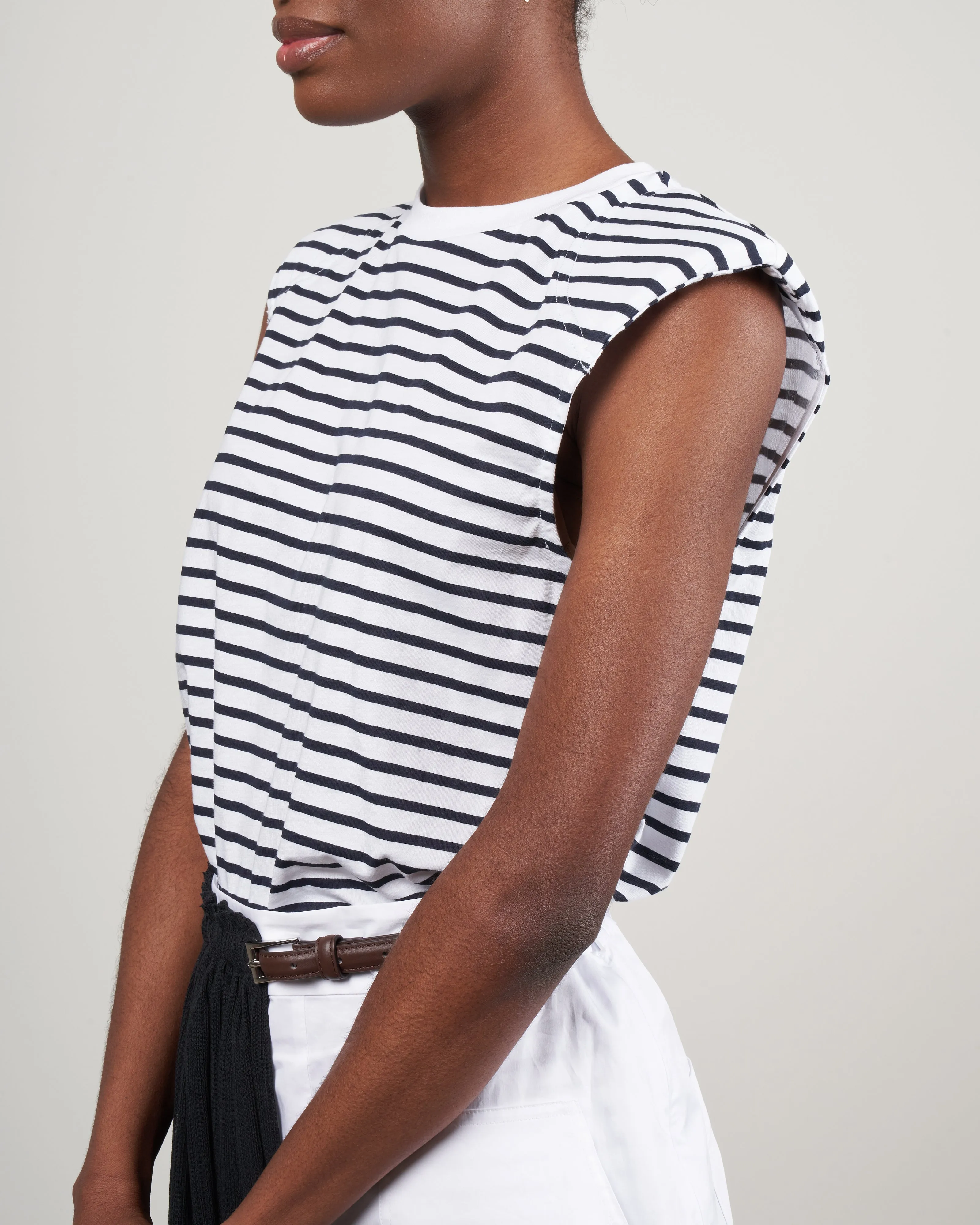 striped tshirt padded shoulder sleeveless top - navy/white multi