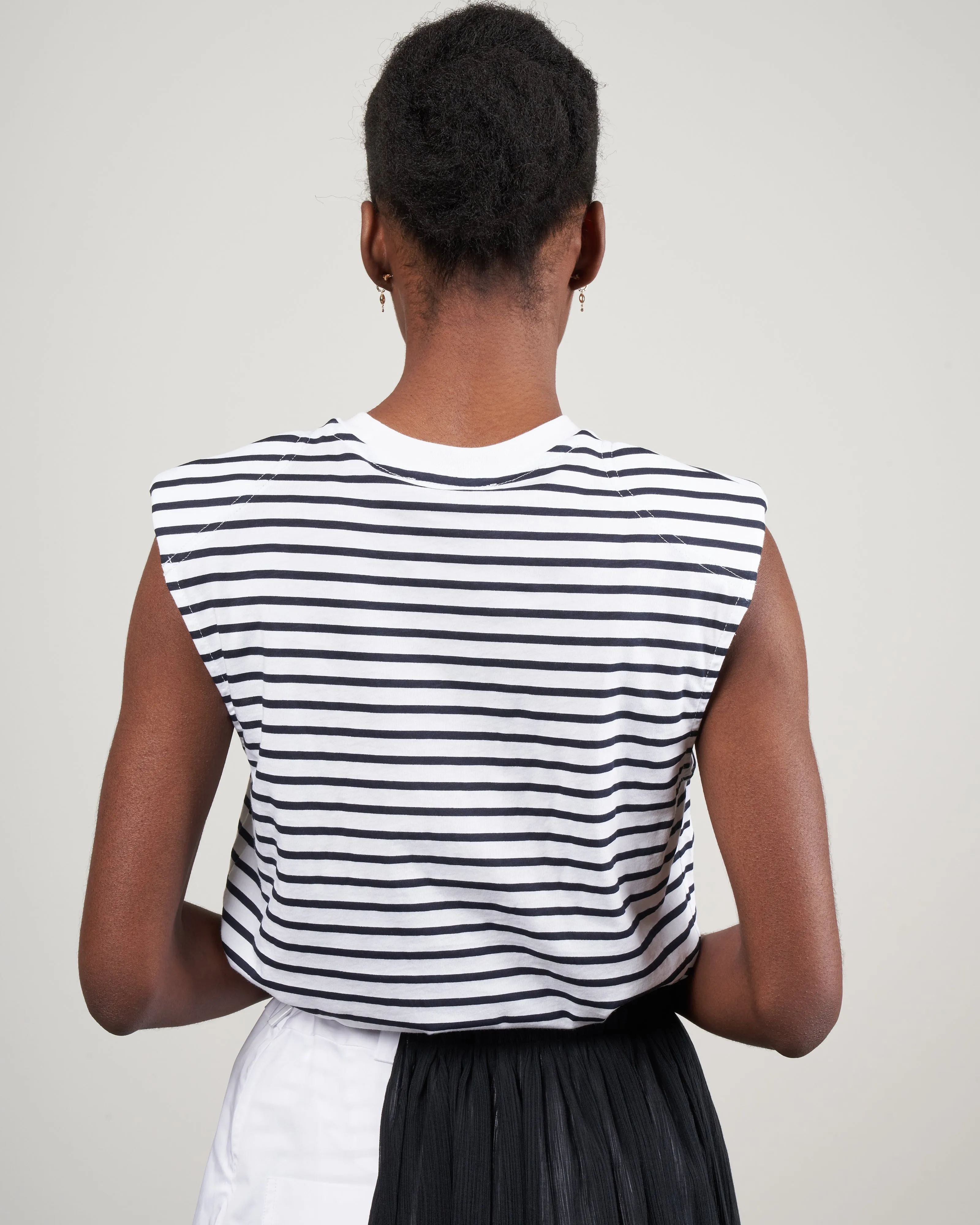 striped tshirt padded shoulder sleeveless top - navy/white multi