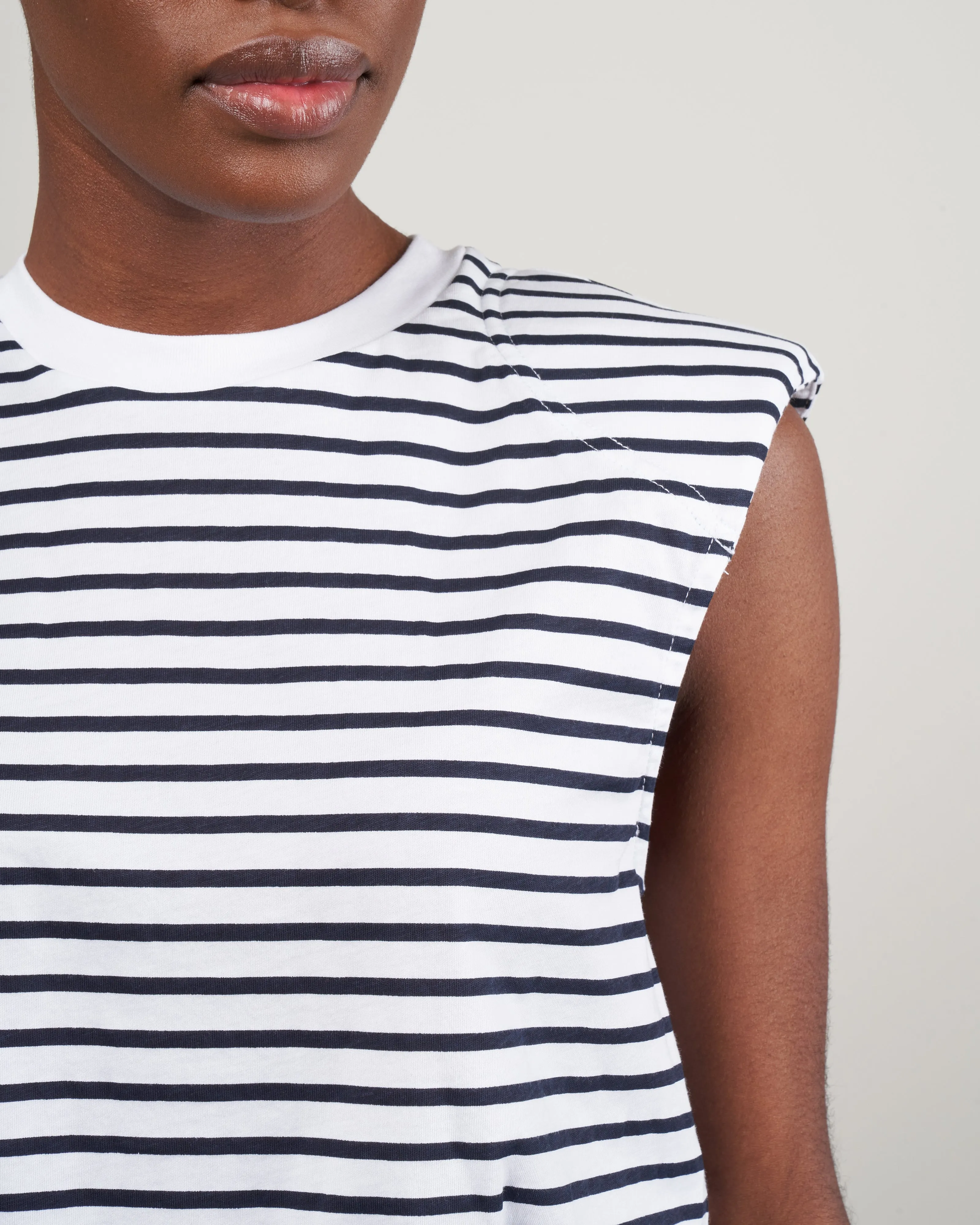 striped tshirt padded shoulder sleeveless top - navy/white multi
