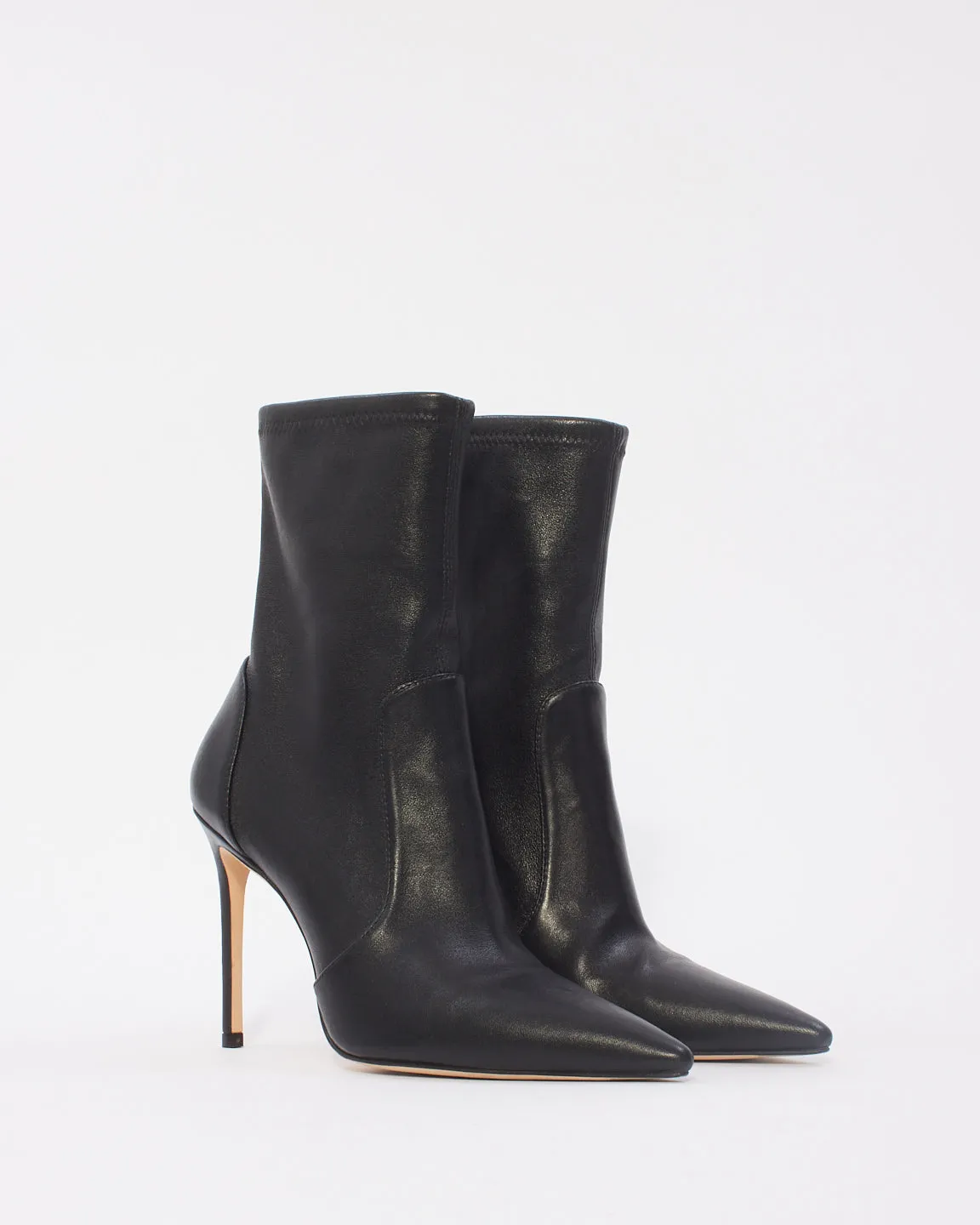 Stuart Weitzman Black Leather Pointed Toe Stiletto 100 Booties - 38