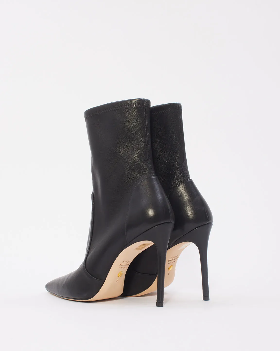 Stuart Weitzman Black Leather Pointed Toe Stiletto 100 Booties - 38