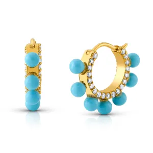 STUDDED TURQUOISE & DIAMOND HUGGIES, 14kt Gold
