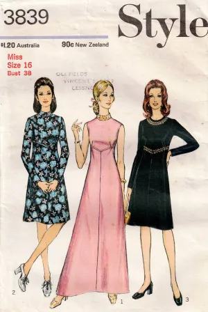 Style 3839 Womens Lined Empire Waisted Evening Dress 1970s Vintage Sewing Pattern Size 16 Bust 38 inches