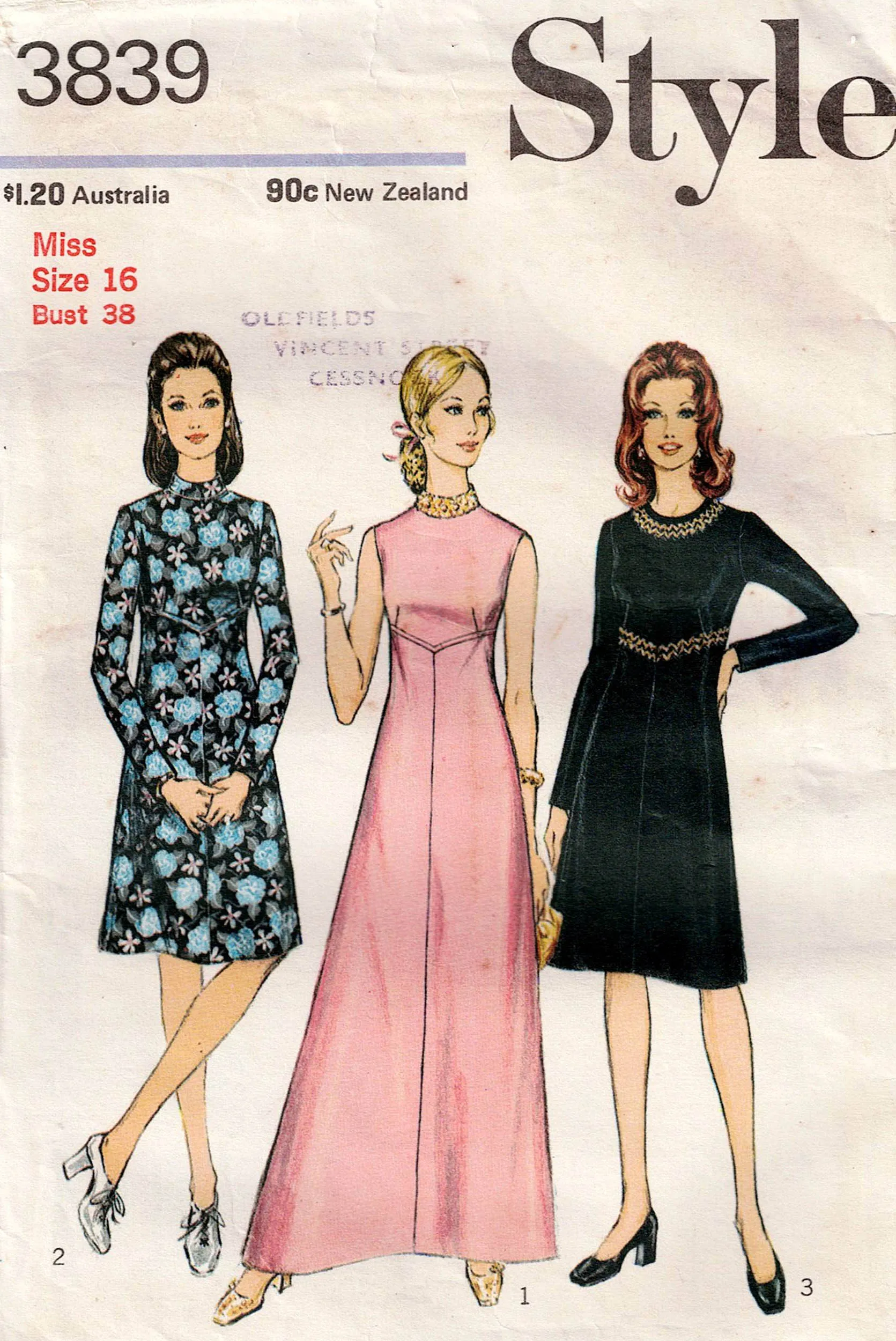 Style 3839 Womens Lined Empire Waisted Evening Dress 1970s Vintage Sewing Pattern Size 16 Bust 38 inches