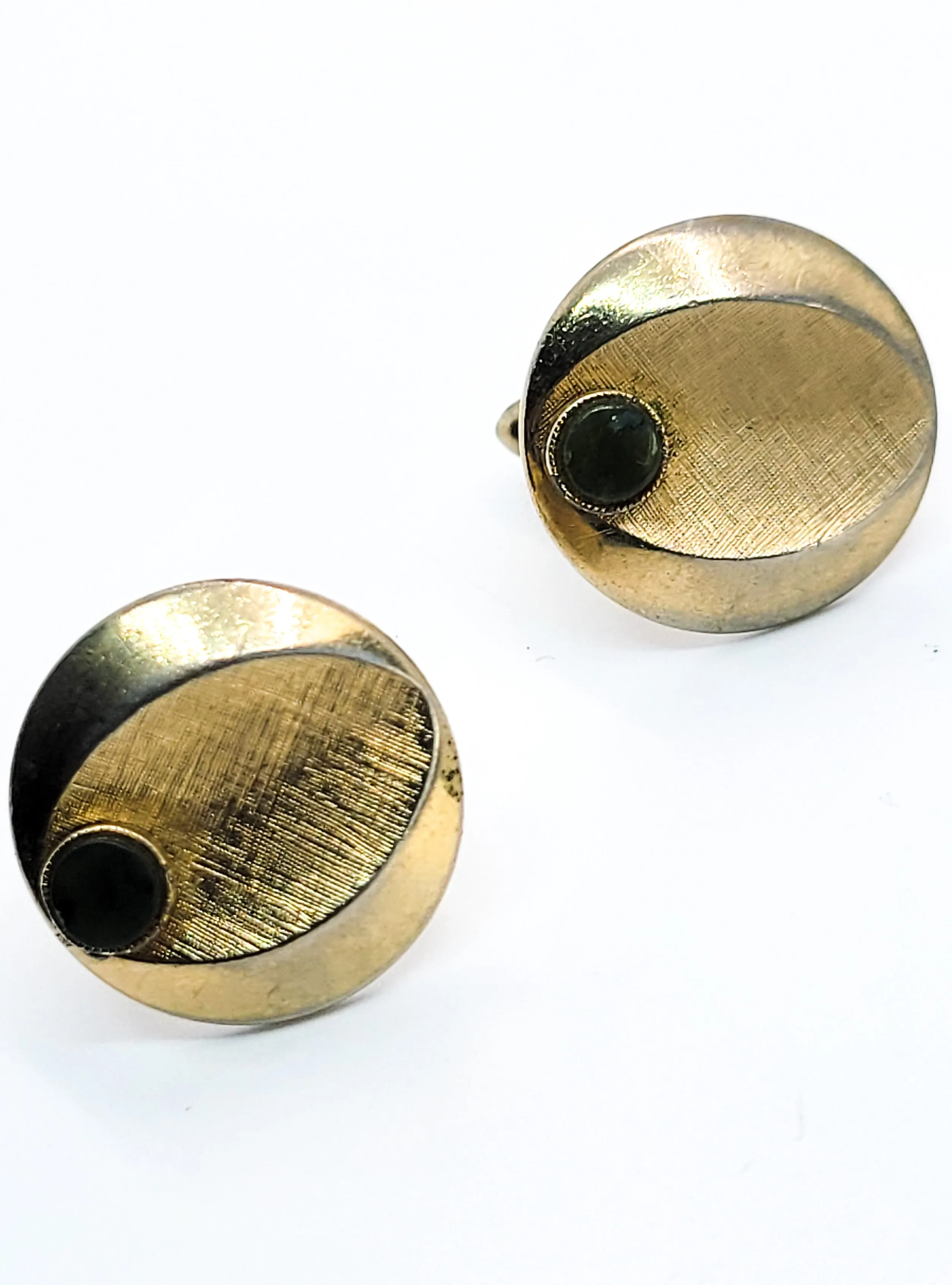 Swank signed gold toned vintage green jade gemstone mid century cufflinks