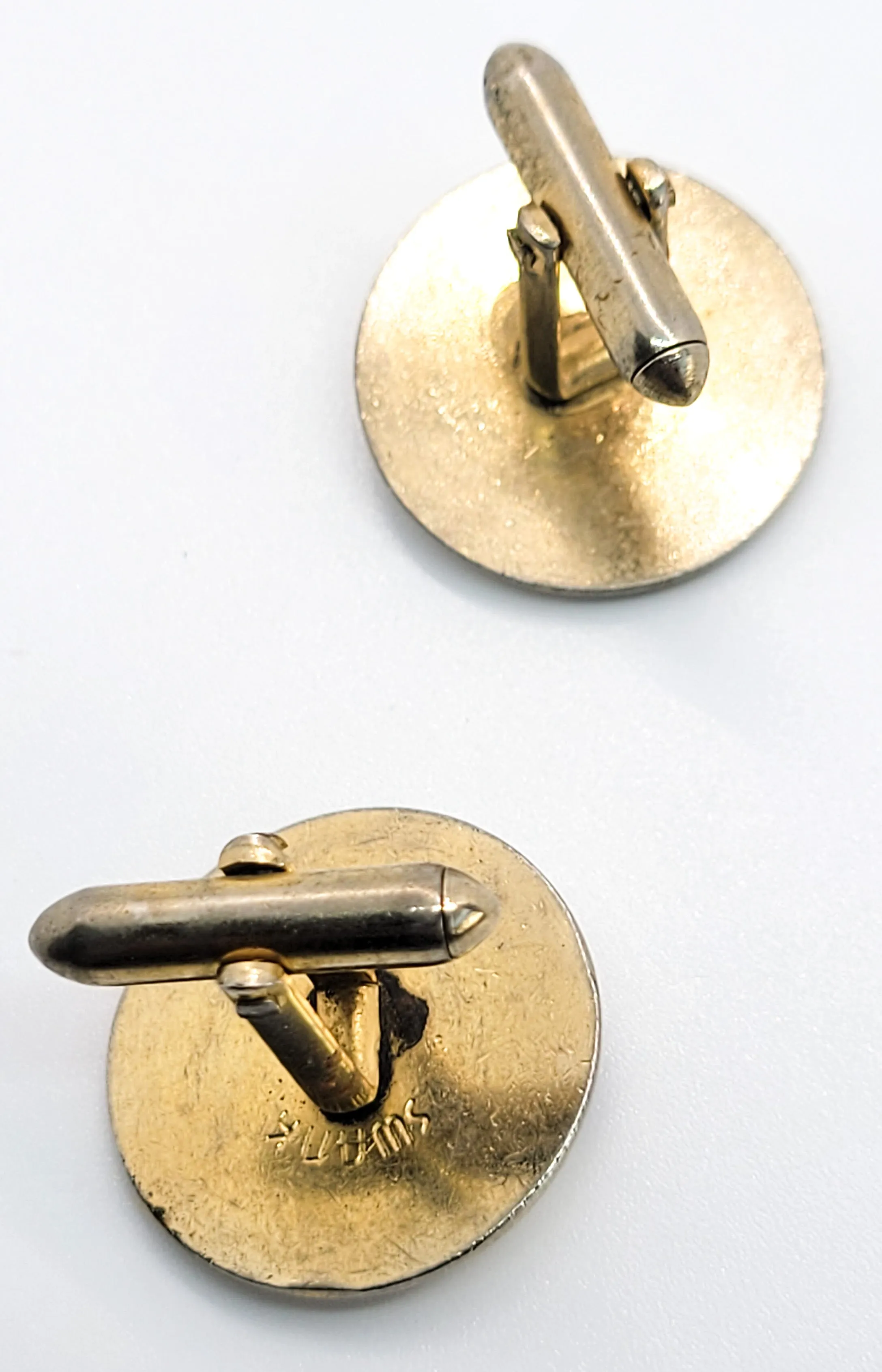 Swank signed gold toned vintage green jade gemstone mid century cufflinks