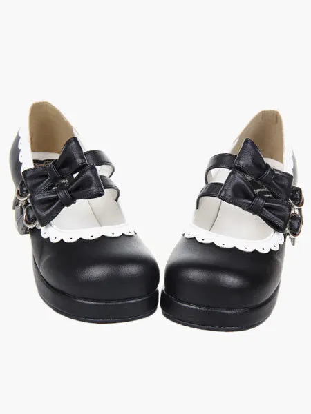 Sweet Lolita Chunky Square Heels Shoes Bows Trim Round Toe